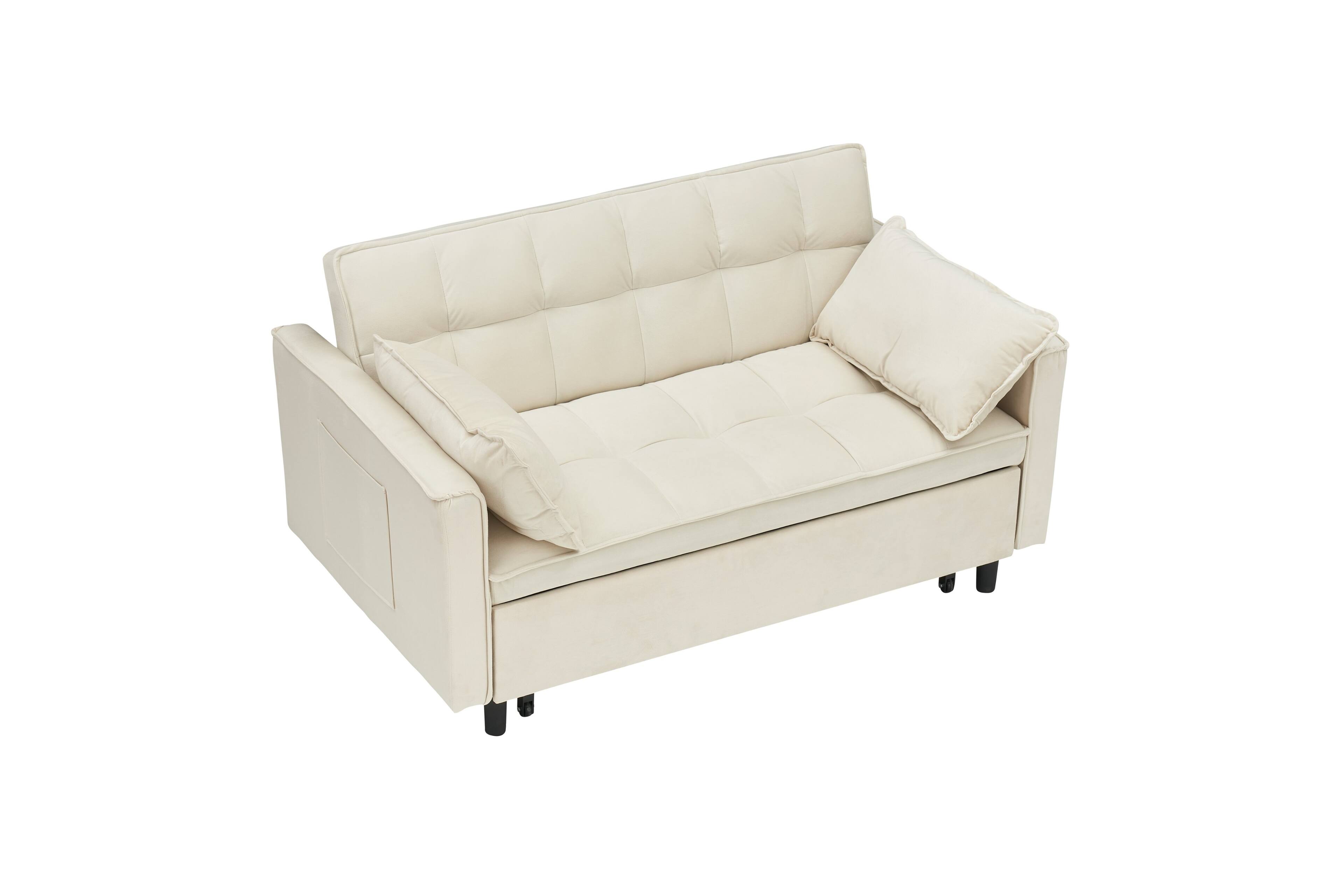 Back. GOODSILO - Elegant 55-Inch Velvet Sofa Bed with Storage Pockets - Three-in-One Convertible Design - Beige.