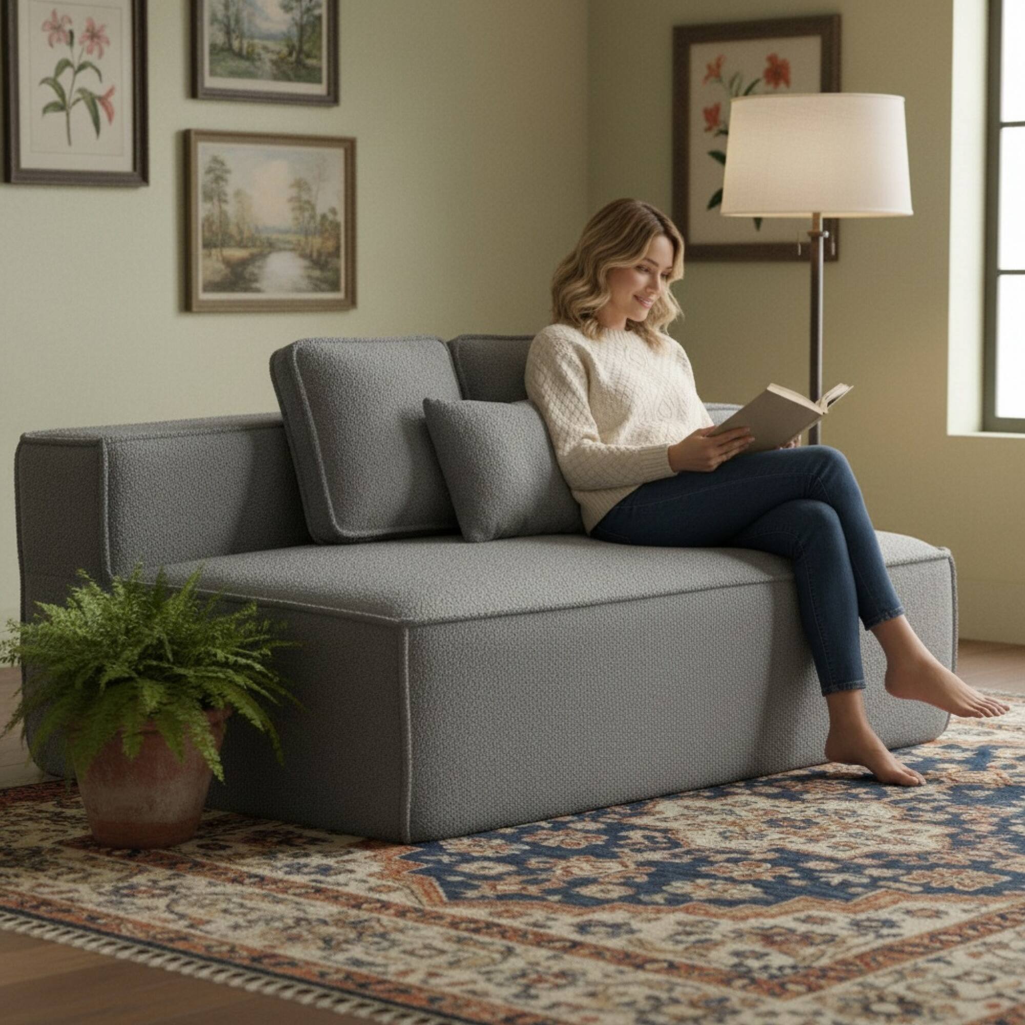 Angle. GOODSILO - Soft Modular Floor Sofa Chair with Wide Seat and Plush Back Cushions, Cozy Lounge Chair for Living Room - Blue+Gray.