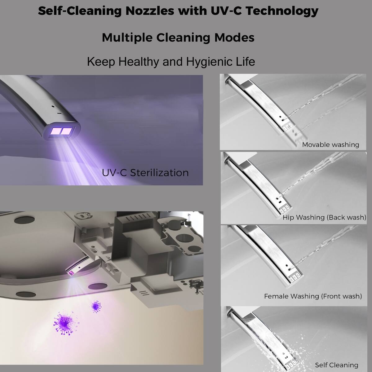 Self-Cleaning Nozzles with UV-C Technology  
Multiple Cleaning Modes  
Keep Healthy and Hygienic Life  
UV-C Sterilization  
Movable washing  
Hip Washing (Back wash)  
Female Washing (Front wash)  
Self Cleaning