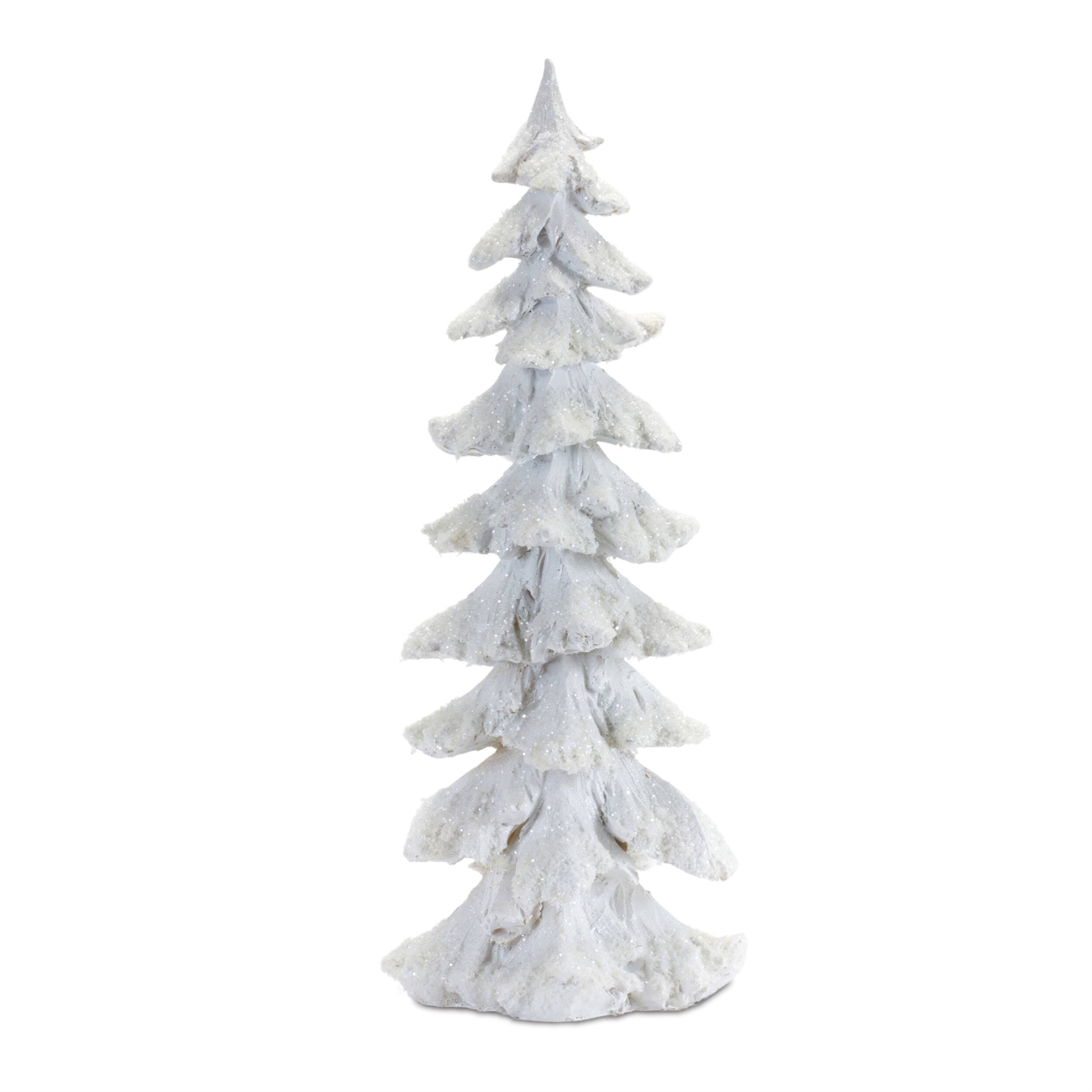 Left. BreeBe - Flocked White Pine Tree with Carved Design (Set of 4) - White.