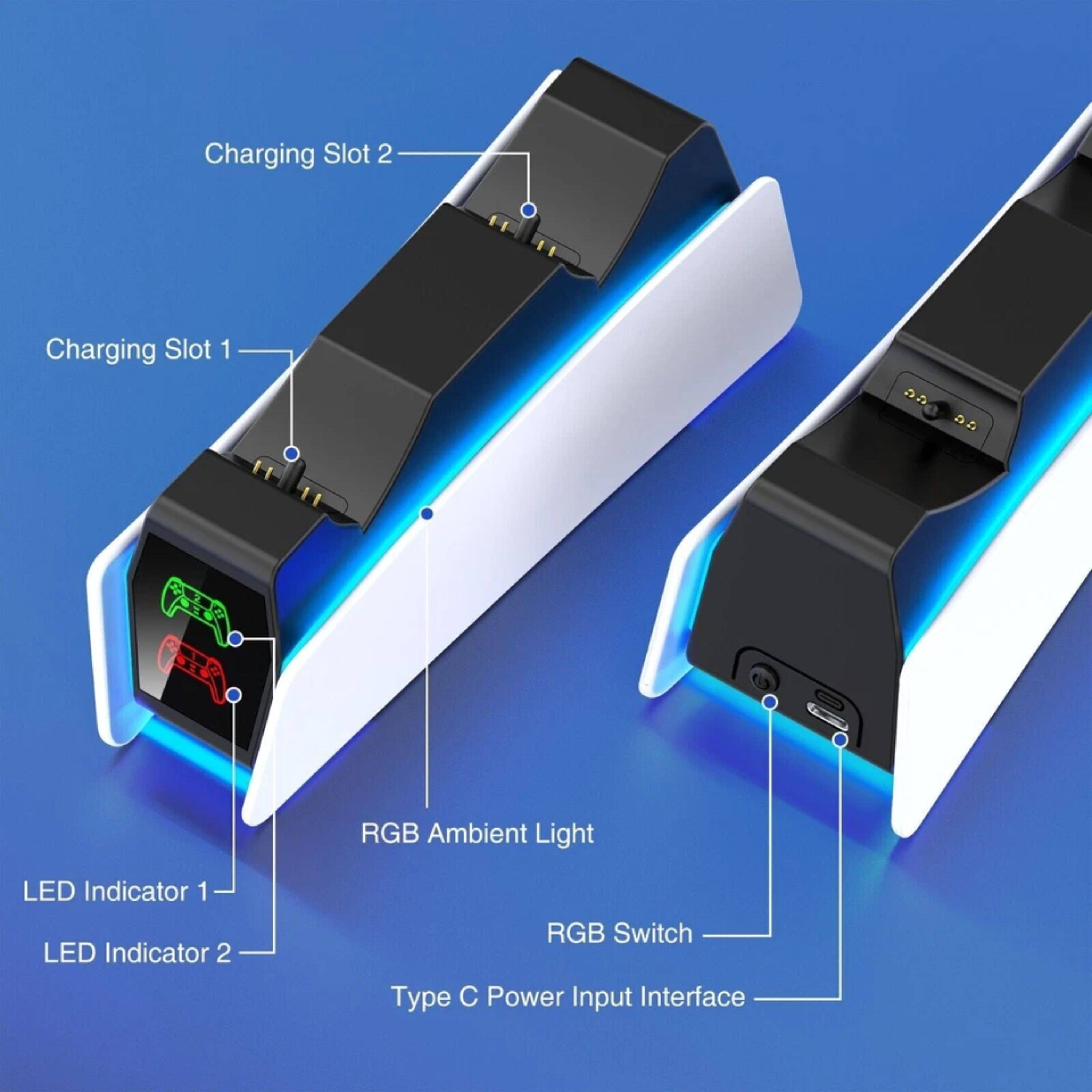- Charging Slot 2
- Charging Slot 1
- RGB Ambient Light
- LED Indicator 1
- LED Indicator 2
- RGB Switch
- Type C Power Input Interface