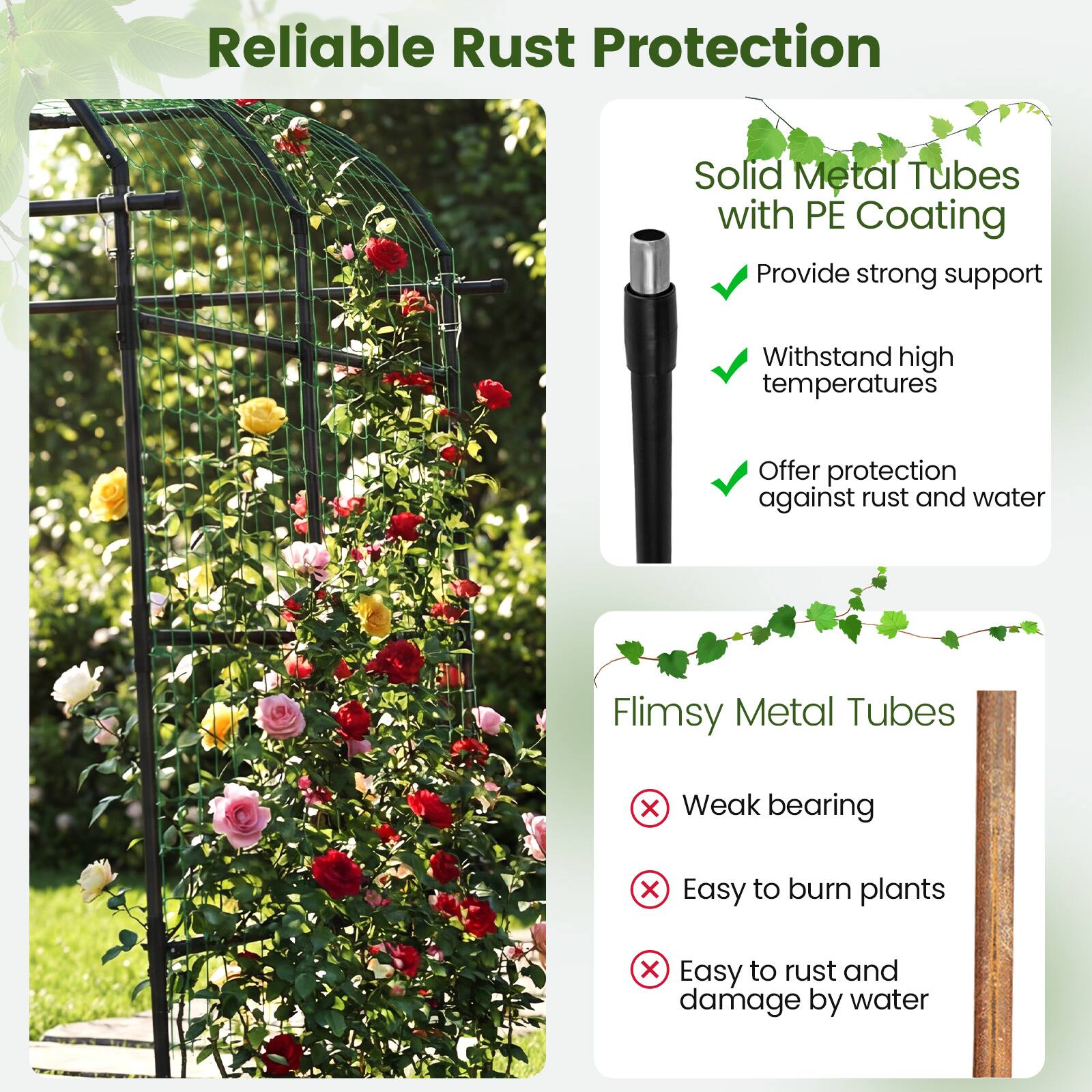 Reliable Rust Protection

Solid Metal Tubes with PE Coating
- Provide strong support
- Withstand high temperatures
- Offer protection against rust and water

Flimsy Metal Tubes
- Weak bearing
- Easy to burn plants
- Easy to rust and damage by water
