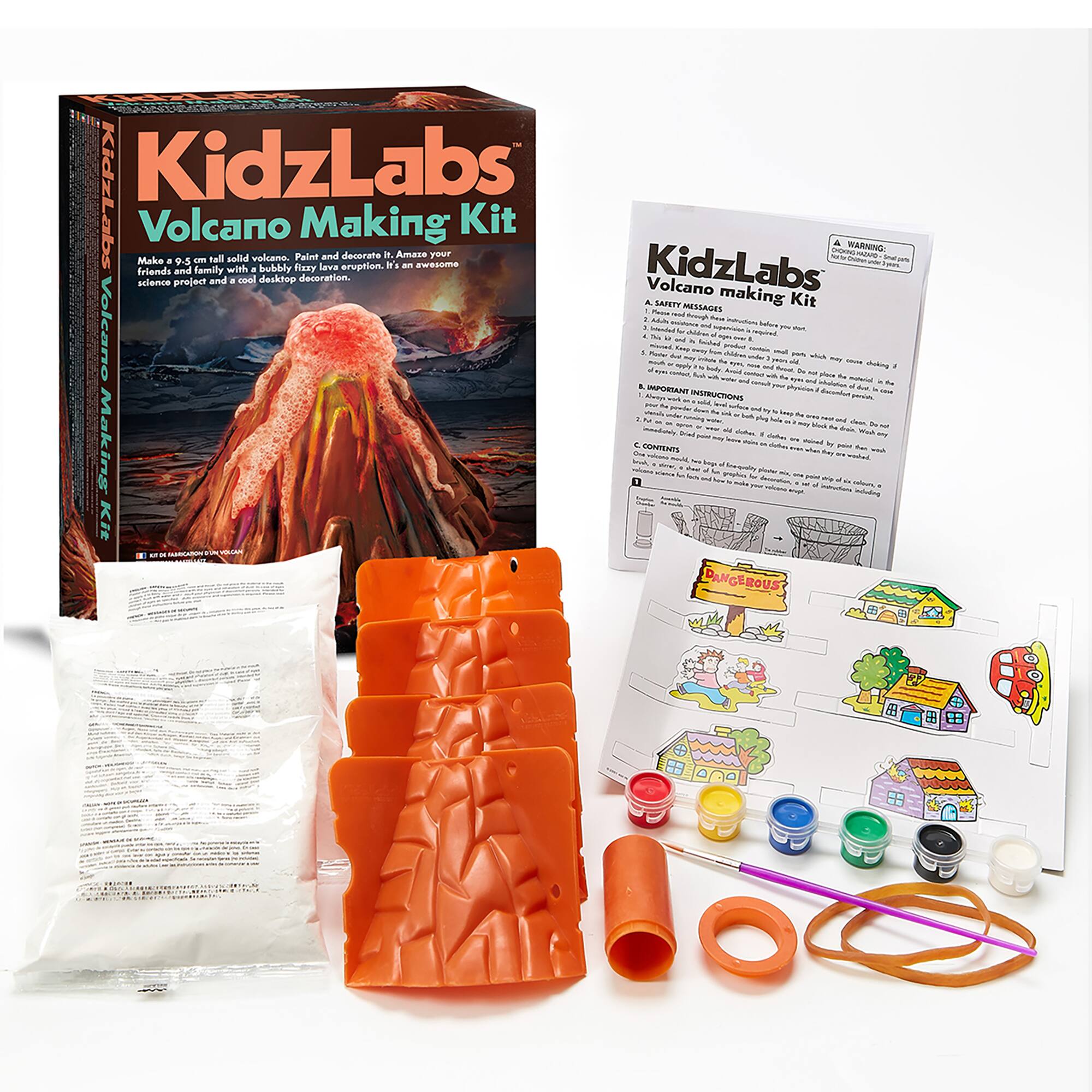 KidzLabs Volcano Making Kit

WARNING

Make a 9.5 cm tall solid volcano. Paint and decorate it. Amaze your friends and family with a bubbly, fizzy lava eruption. It's an awesome science project and a cool desktop decoration.

SAFETY MEASURES

IMPORTANT INSTRUCTIONS

CONTENTS