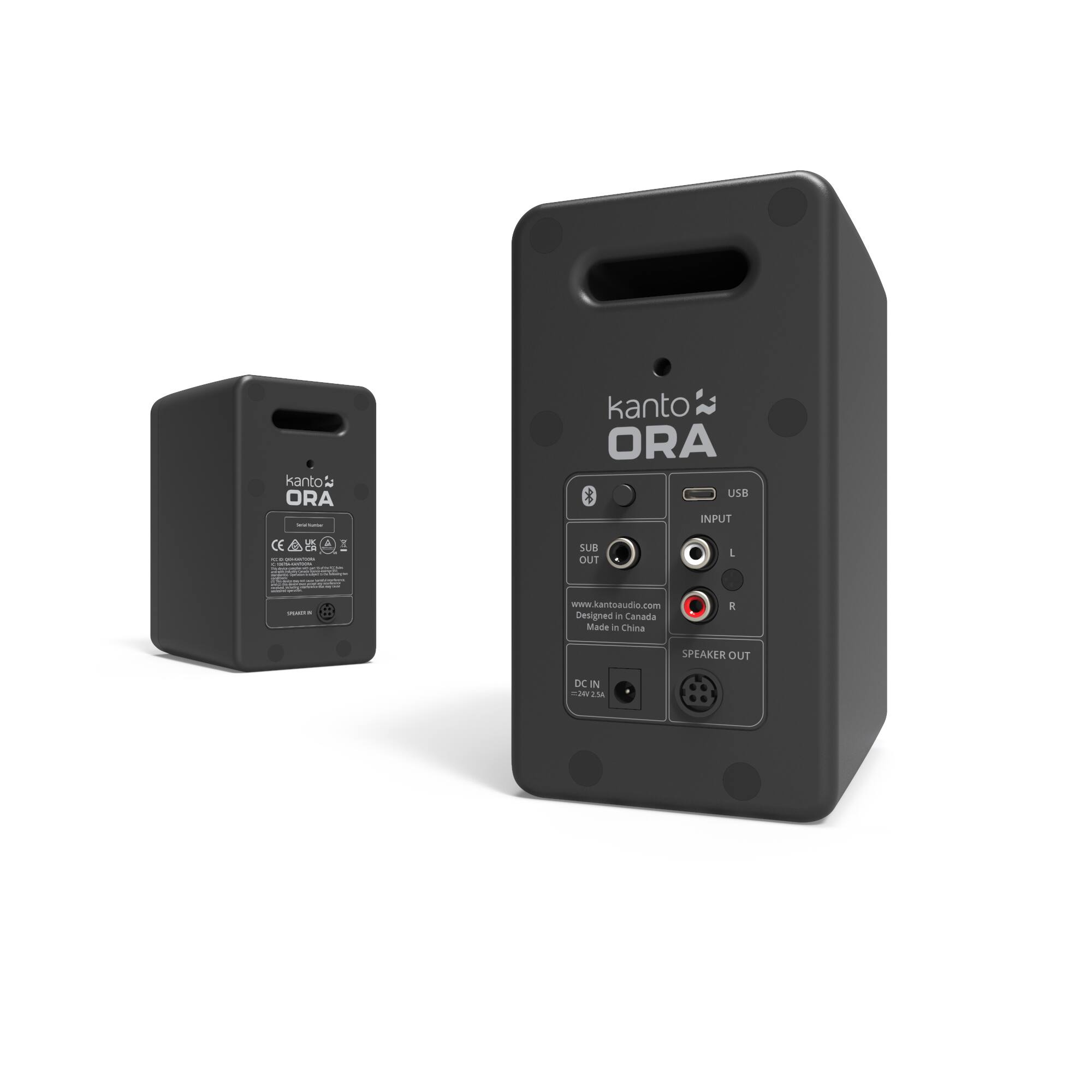 kanto ORA - kanto ORA - USB INPUT - CE - FCC - I : : 3 1 sUB OUT L - www kanteaudio.com - Designed in China - Made in China - R - SPEAKER OUT - DC IN - 28 i