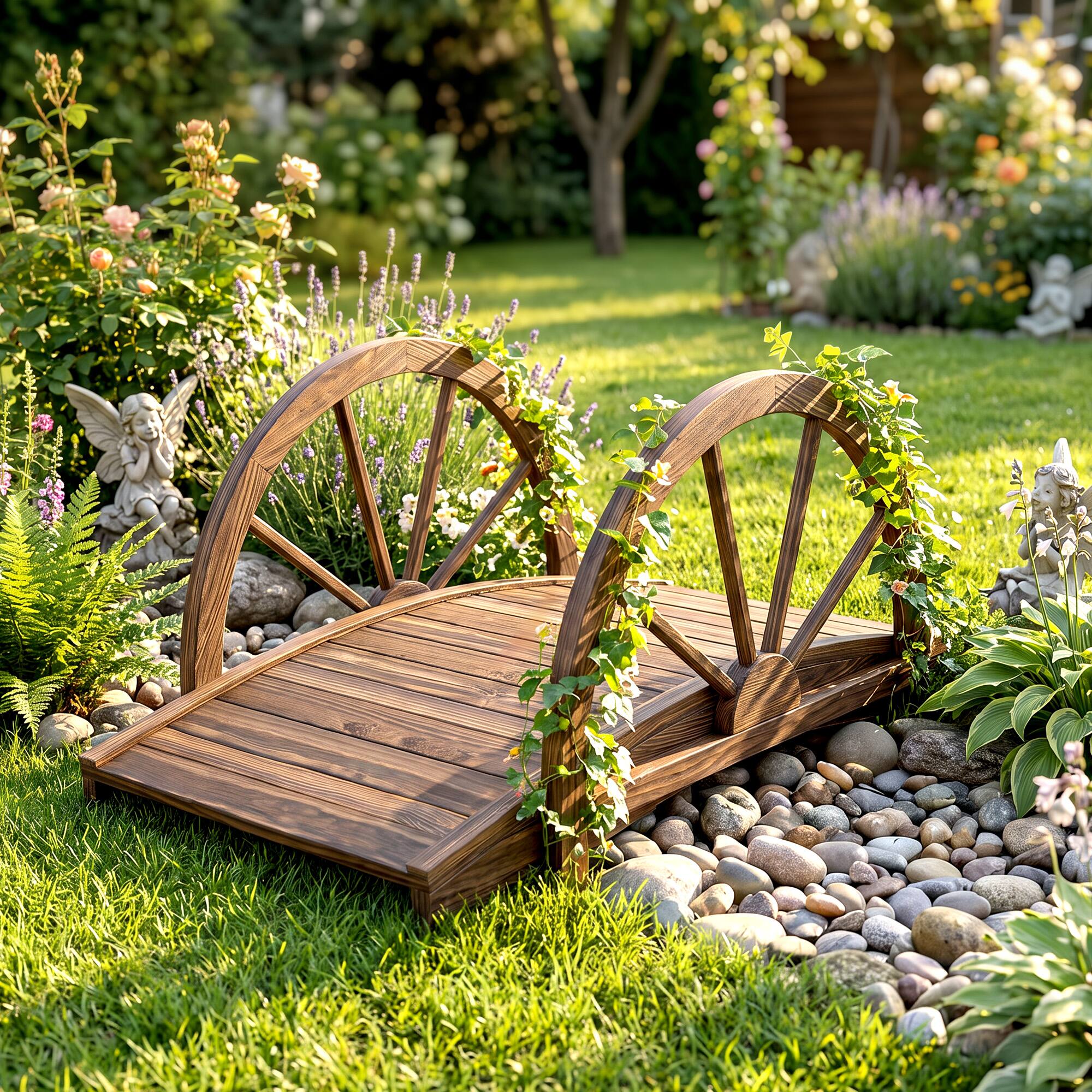 Alt View 6. Outsunny - Wooden Garden Bridge Arc Footbridge with Half-Wheel Style Railings & Solid Fir Construction - Stained Wood Color.