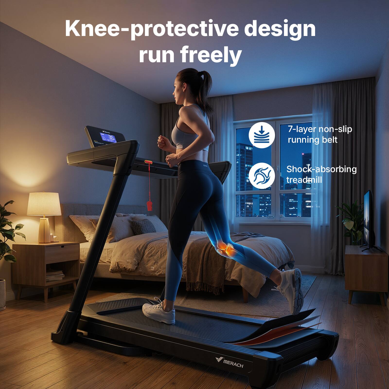 Knee-protective design run freely

7-layer non-slip running belt

Shock-absorbing treadmill
