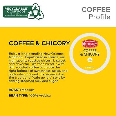 **COFFEE Profile**

**COFFEE & CHICORY**

Enjoy a long-standing New Orleans tradition. Popularized in France, our high-quality roasted chicory is sweet and flavorful. We then blend it with rich, roasted coffee to create the right balance of sweetness, spice, and body when brewed. Experience it in the traditional "café au lait" style by adding steamed milk and sugar.

**ROAST:** Medium

**BEAN TYPE:** 100% Arabica

**RECYCLABLE K-CUP PODS**  
CHECK LOCALLY NOT RECYCLED IN ALL COMMUNITIES