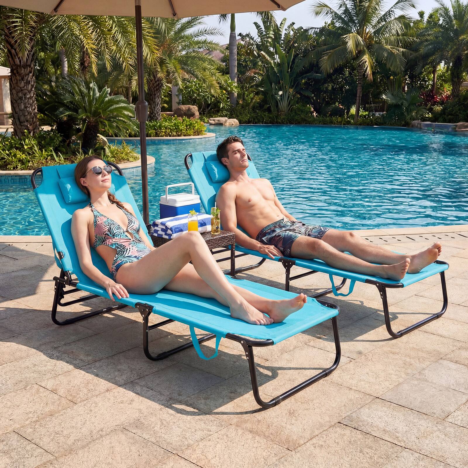 Alt View 3. Costway - Costway Folding Beach Sun Lounger with Face Hole & Removable Pillows, 4-Position Backrest - Turquoise.