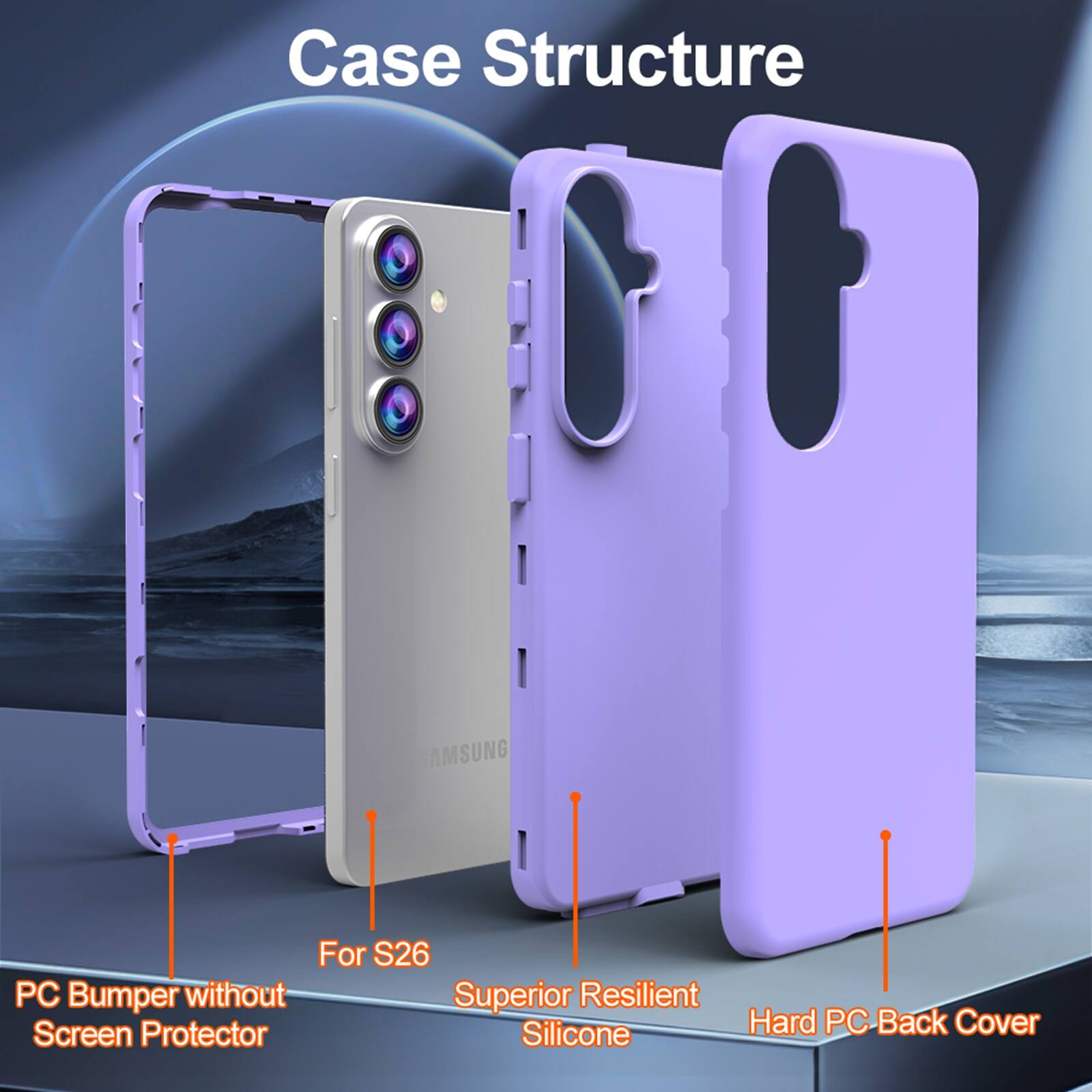 Case Structure

- For S26
- PC Bumper without Screen Protector
- Superior Resilient Silicone
- Hard PC Back Cover