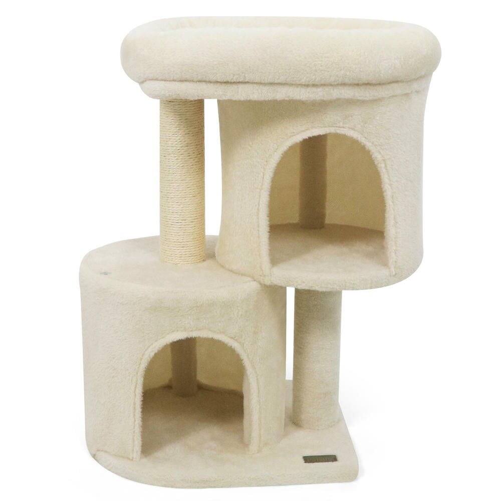 Left. Kadyn - 26-Inch Compact Cat Tower with Large Padded Perch and Two Condos, Beige - Beige.