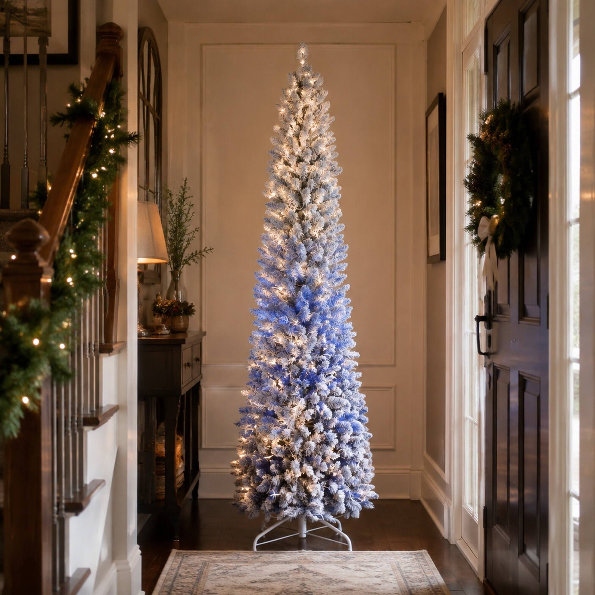Alt View 1. RYHNUYNE - 7 Ft Blue Gradient Flocked Pencil Christmas Tree With 300 Warm White LED Lights, 725 Tips Hinged Metal Stand Decor - Blue.