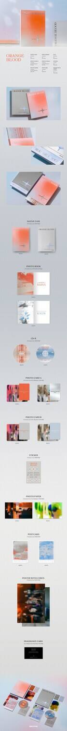 Sure, here is the corrected and grouped text from the image:

---

**ORANGE BLOOD**

**SLEEVE CASE**

**PHOTO BOOK**

**CD-R**

**PHOTO CARD A**

**PHOTO CARD B**

**STICKER**

**POSTCARD**

**POSTER WITH LYRICS**

**FRAGRANCE CARD**

**PHOTO PAPER**

**SLEEVE CASE**

**PHOTO BOOK**

**CD-R**

**PHOTO CARD A**

**PHOTO CARD B**

**STICKER**

**POSTCARD**

**POSTER WITH LYRICS**

**FRAGRANCE CARD**

**PHOTO PAPER**

---

This text is organized based on the items shown in the image.