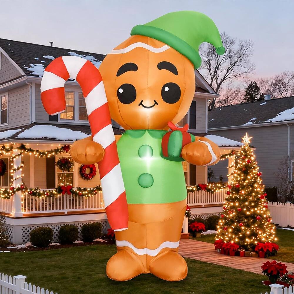 Front. PARKER SLATER - 6FT Gingerbread Inflatable – LED Blow-Up with Candy Cane & Gift Box Indoor/Outdoor - Red.