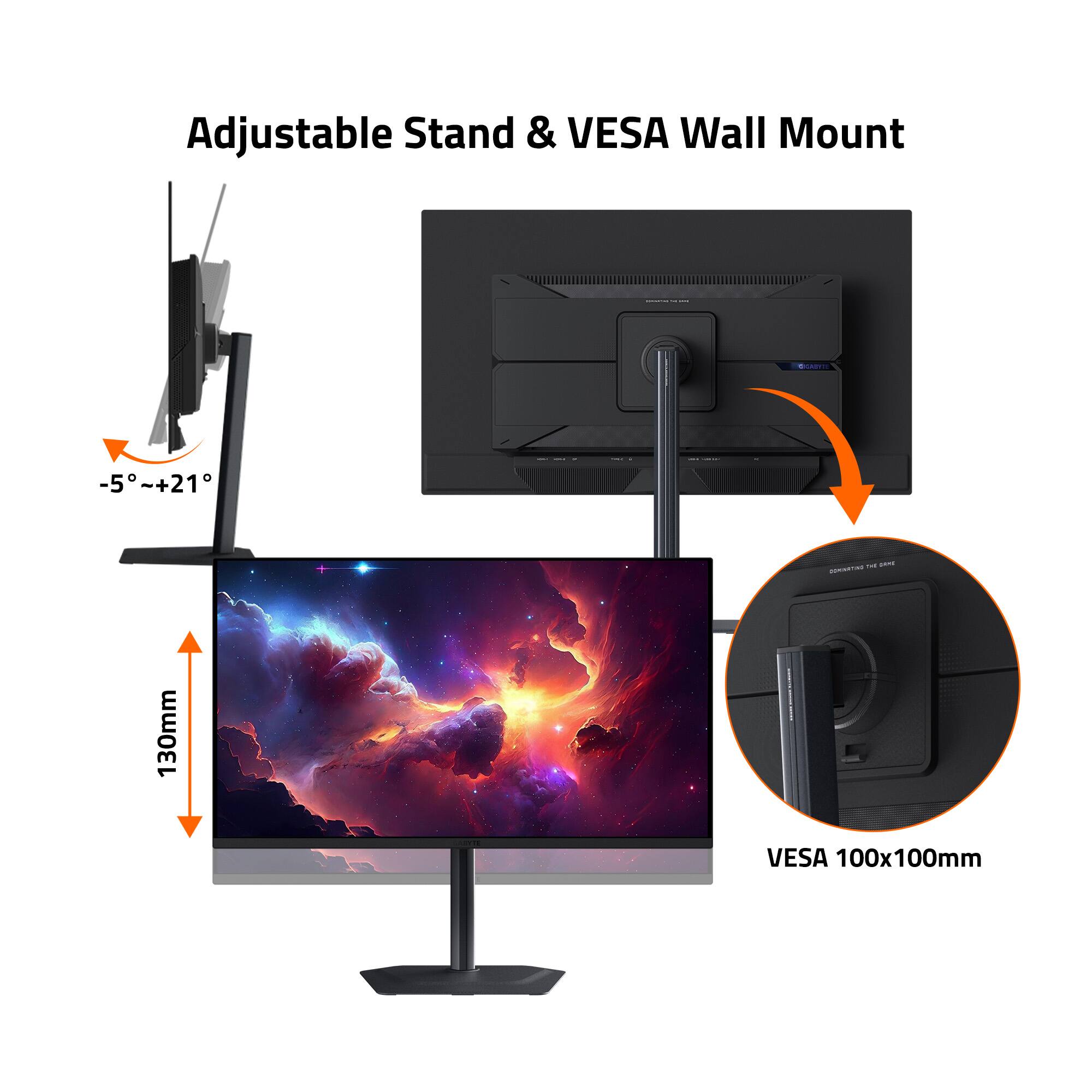 Adjustable Stand & VESA Wall Mount

-5°~+21°

CNAT 130mm VESA 100x100mm