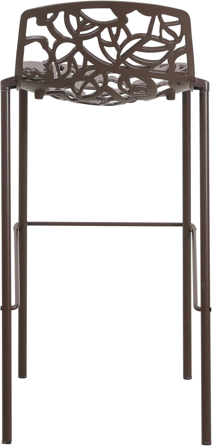 Alt View 2. LeisureMod - Devon 31" Aluminum Bar Stool - Modern Floral Cutout Indoor/Outdoor Patio Stool with Footrest - Brown.