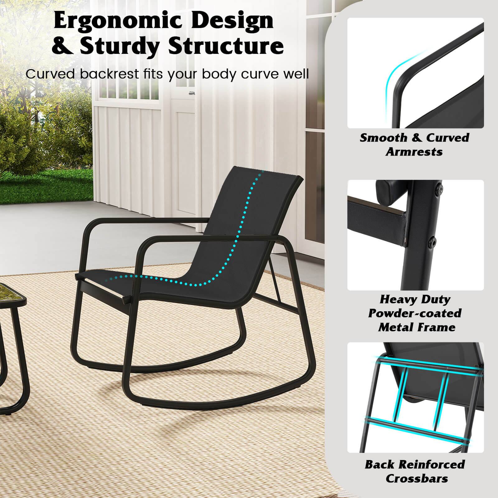 Ergonomic Design & Sturdy Structure  
Curved backrest fits your body curve well  

Smooth & Curved Armrests  
Heavy Duty Powder-coated Metal Frame  
Back Reinforced Crossbars