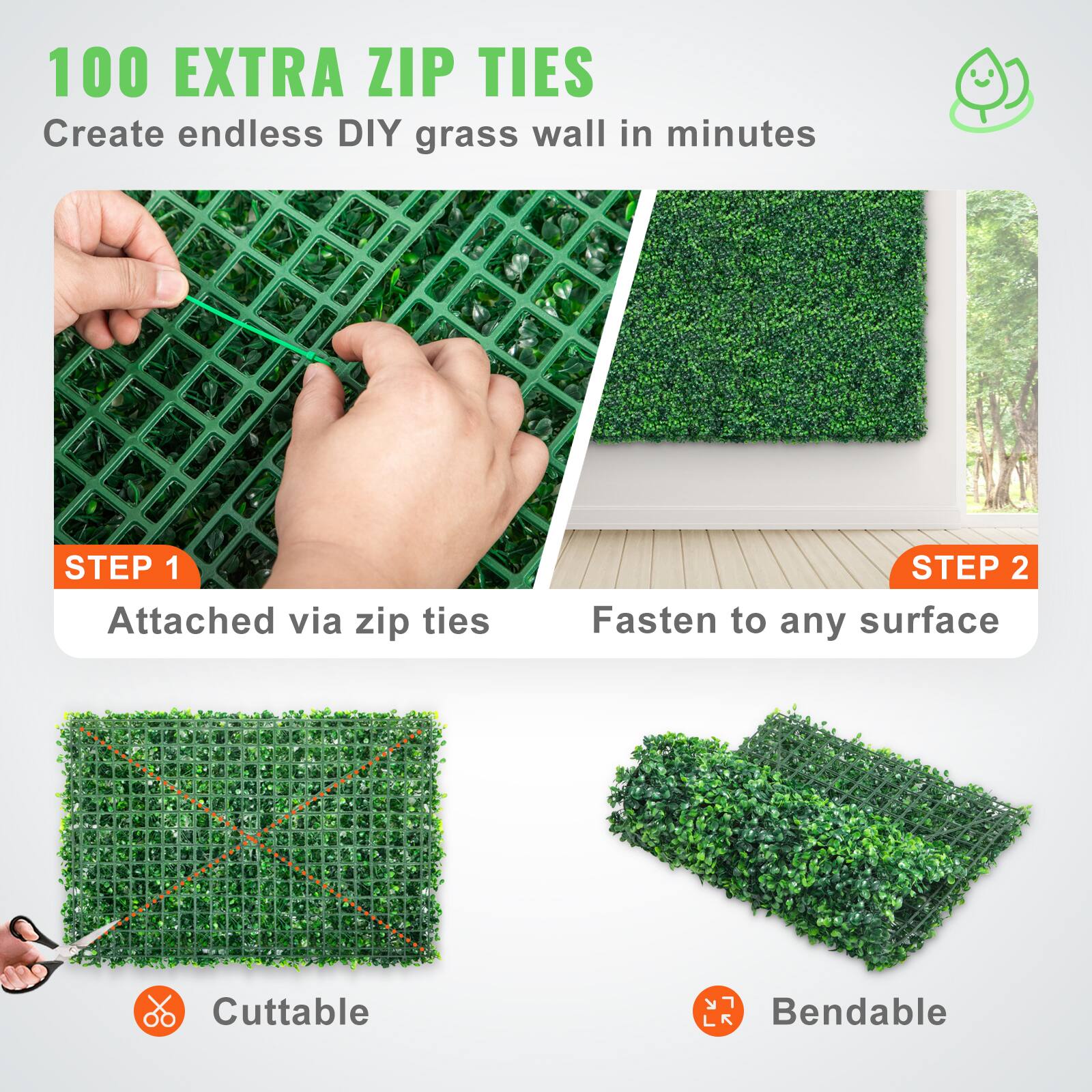 100 EXTRA ZIP TIES, Create endless DIY grass wall in minutes, STEP 1 Attached via zip ties, STEP 2 Fasten to any surface, Cuttable, Bendable