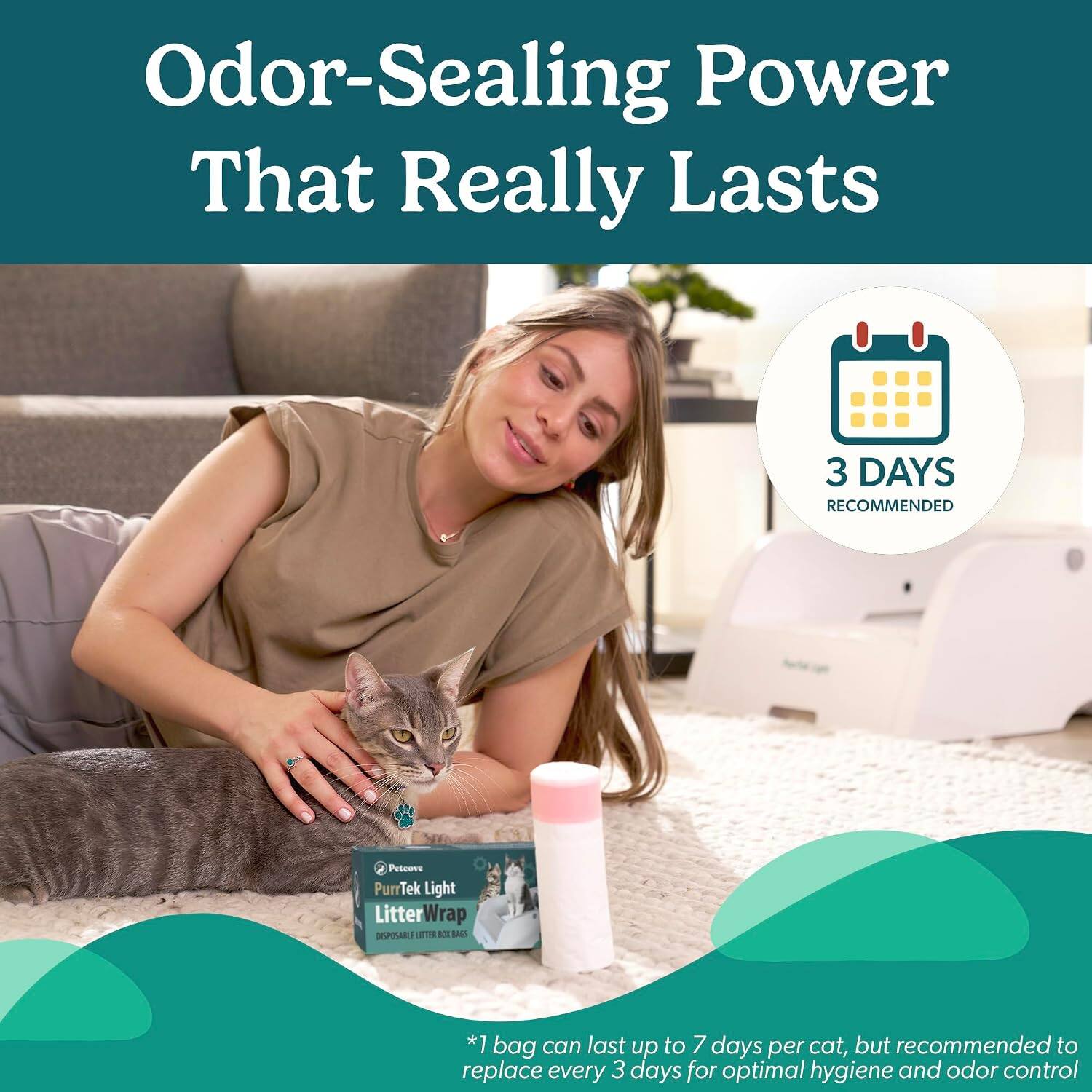 Odor-Sealing Power That Really Lasts

3 DAYS RECOMMENDED

Petcove PurrTek Light LitterWrap

*1 bag can last up to 7 days per cat, but recommended to replace every 3 days for optimal hygiene and odor control