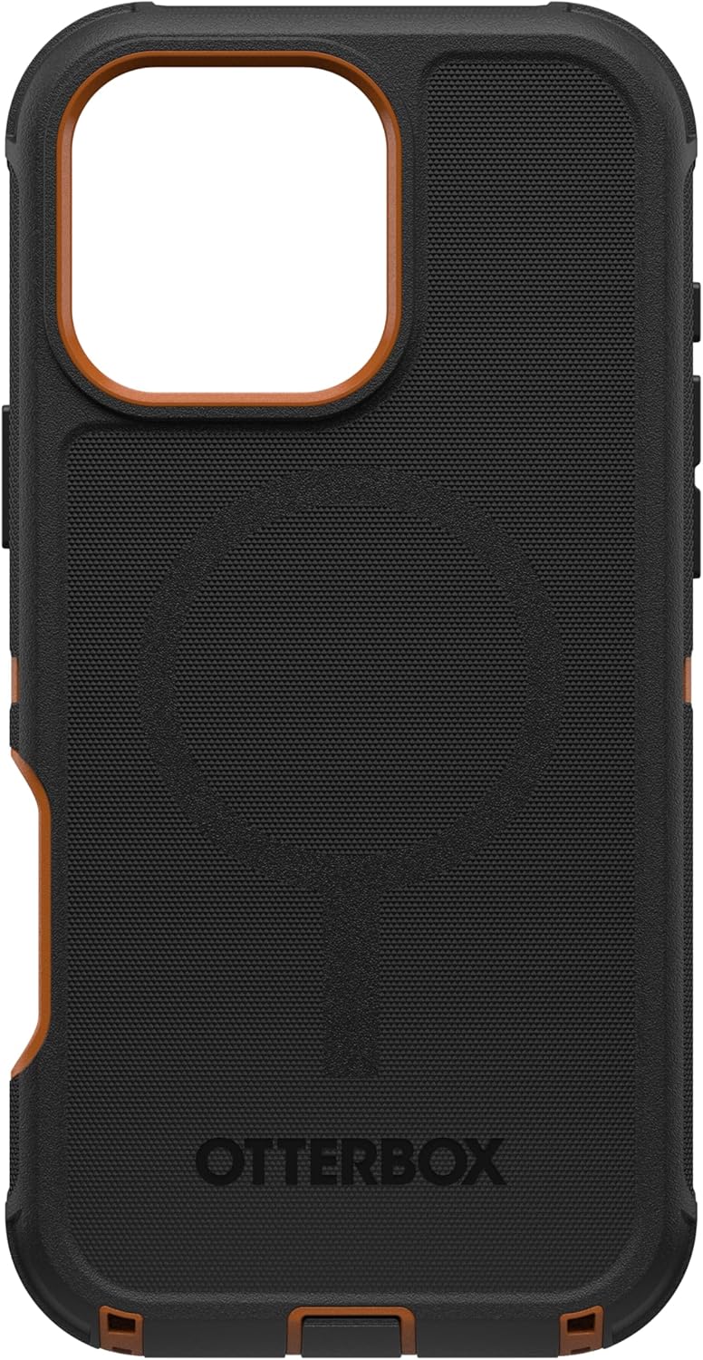 Alt View 2. OtterBox - OtterBox iPhone 16 Pro Max, Defender Series Case - Case Only - Built-in Magnets - Rugged & Durable, with Port Protection - Iron Eclipse (Black & Orange).