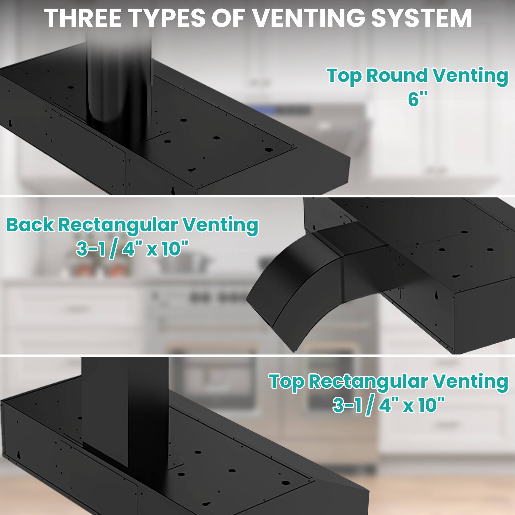 THREE TYPES OF VENTING SYSTEM

Top Round Venting 6"

Back Rectangular Venting 3-1/4" x 10"

Top Rectangular Venting 3-1/4" x 10"