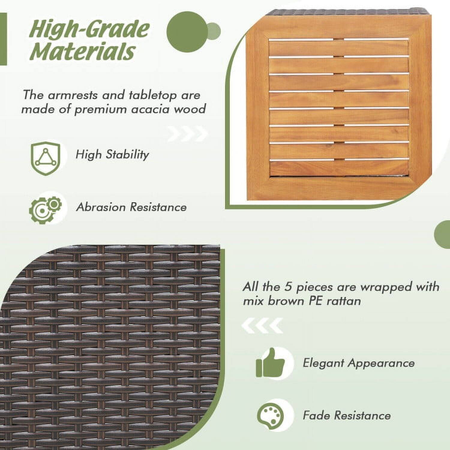 High-Grade Materials  
The armrests and tabletop are made of premium acacia wood  

High Stability  
Abrasion Resistance  

All the 5 pieces are wrapped with mix brown PE rattan  

Elegant Appearance  
Fade Resistance