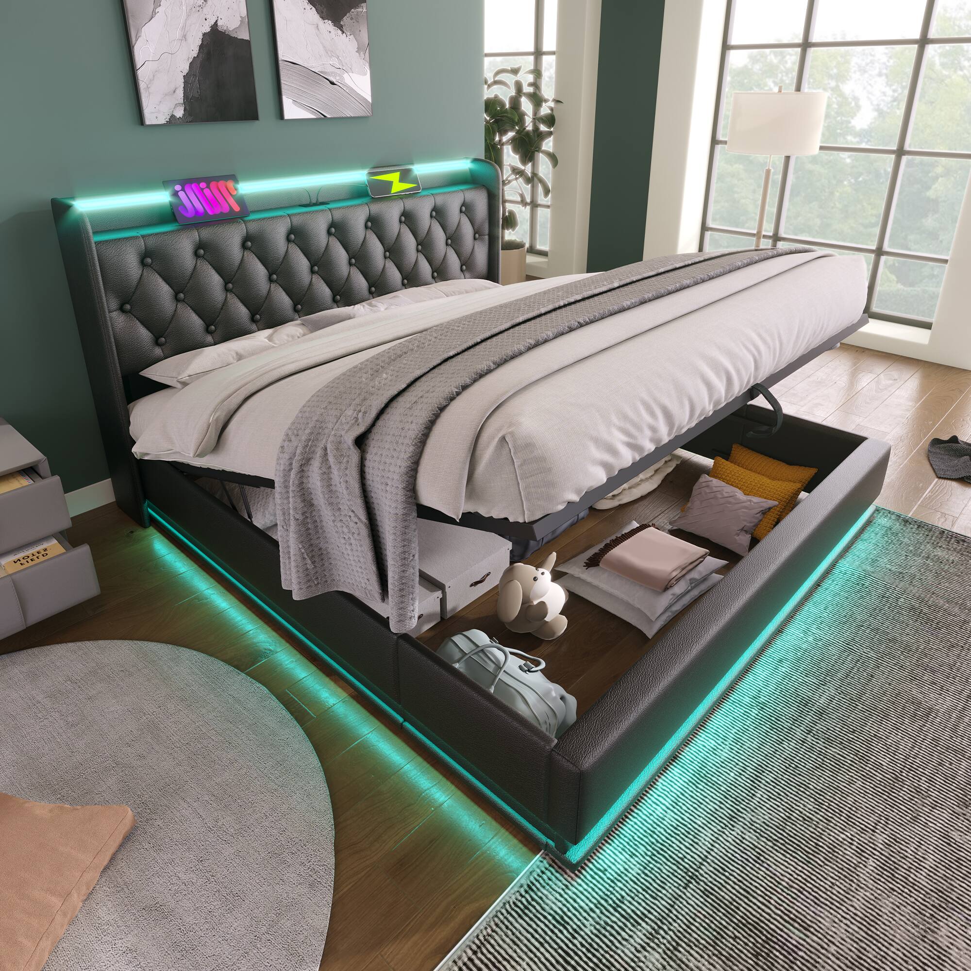 Angle. LUCKY ONE - King size Upholstered Bed Frame with 360 surround LED function and USB Type-C charging - Black.