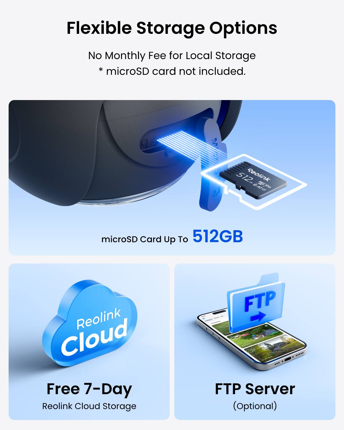 Flexible Storage Options  
No Monthly Fee for Local Storage  
* microSD card not included.  

512GB microSD Card Up To 512GB  

Reolink Cloud Free 7-Day Reolink Cloud Storage  

FTP - FTP Server (Optional)