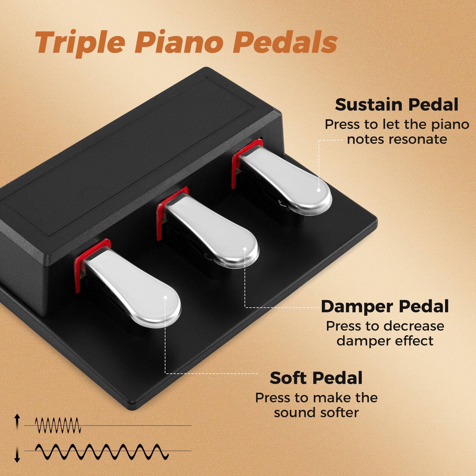 Triple Piano Pedals

Sustain Pedal  
Press to let the piano notes resonate

Damper Pedal  
Press to decrease damper effect

Soft Pedal  
Press to make the sound softer