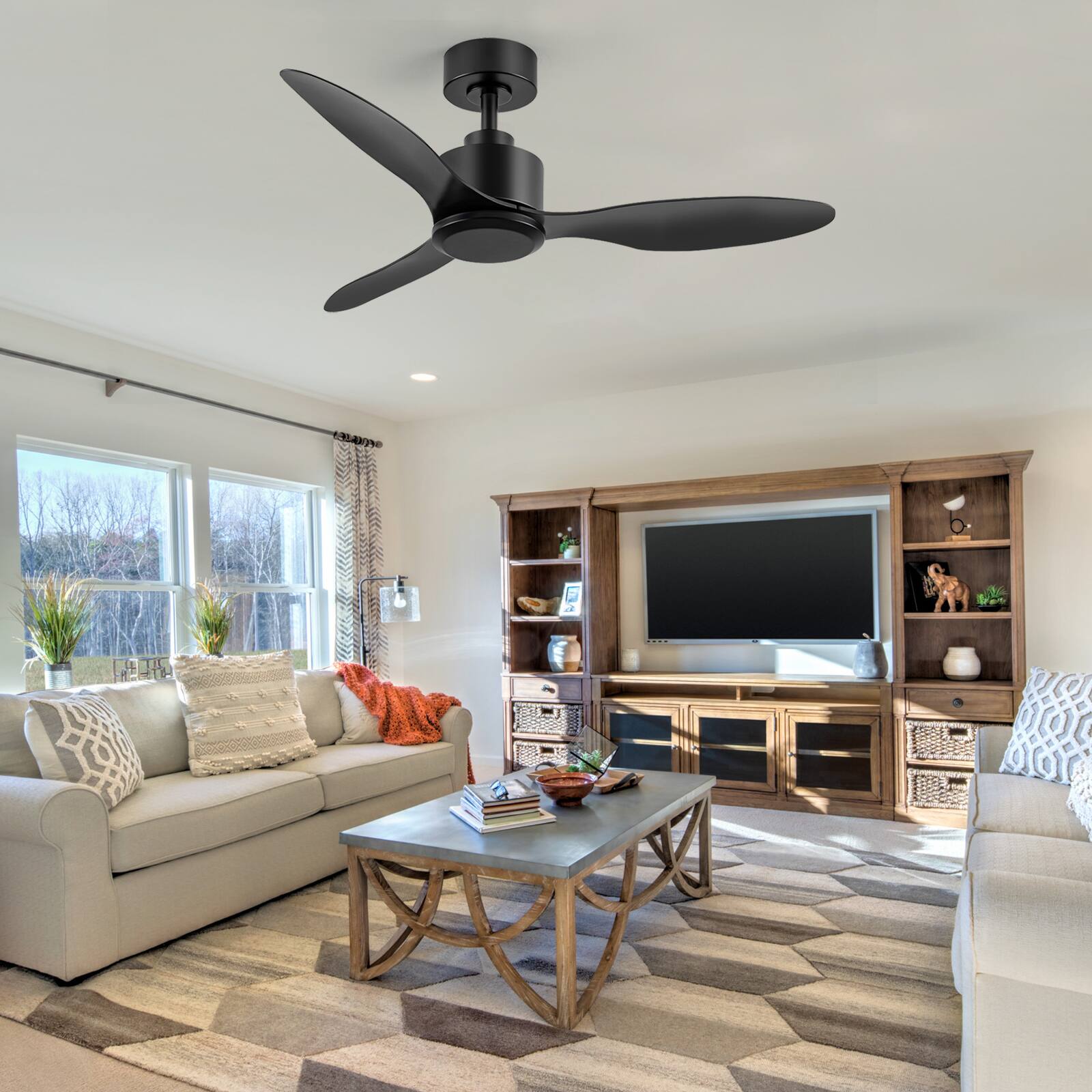Alt View 9. Breezary - 42" Modern Indoor Ceiling Fan, 3 ABS Blades, 6-Speed DC Motor, Remote Control, Timer, 5'' Downrod, Light/No Light Option - Matte Black (Without Light).
