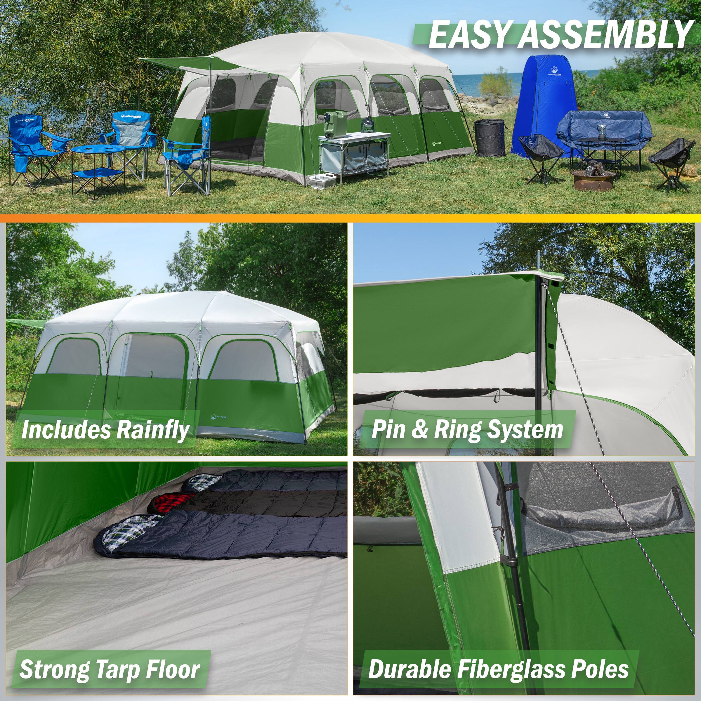 EASY ASSEMBLY  
- Includes Rainfly  
- Pin & Ring System  
- Strong Tarp Floor  
- Durable Fiberglass Poles