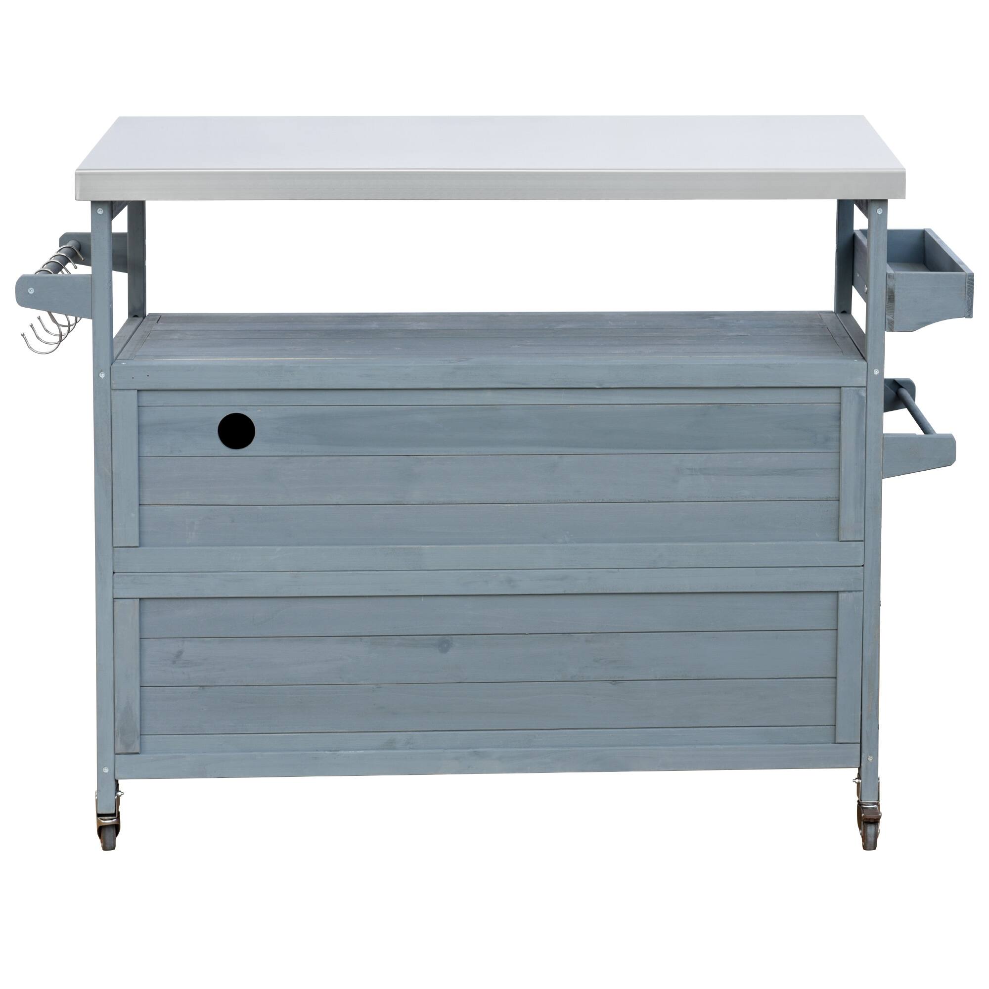 Back. PexFix - Solid Wood Outdoor Kitchen Island with Stainless Top, Rolling BBQ Grill Cart with Storage, Spice & Towel Rack for Patio - Gray Blue.