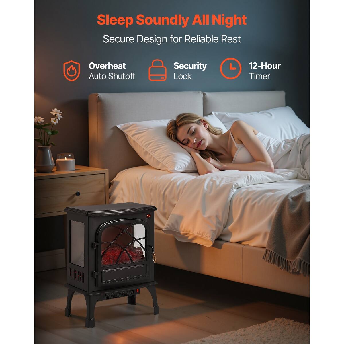 Sleep Soundly All Night  
Secure Design for Reliable Rest

- Overheat Auto Shutoff
- Security Lock
- 12-Hour Timer