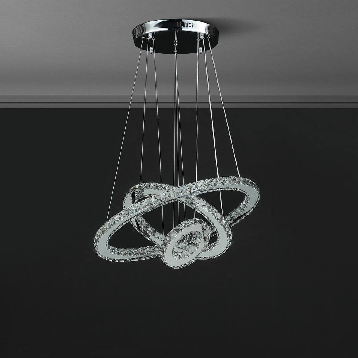 Back. Loheer - Loheer Triple Ring LED Chandelier with Adjustable Height, Dimmable Crystal Light in Silver.
