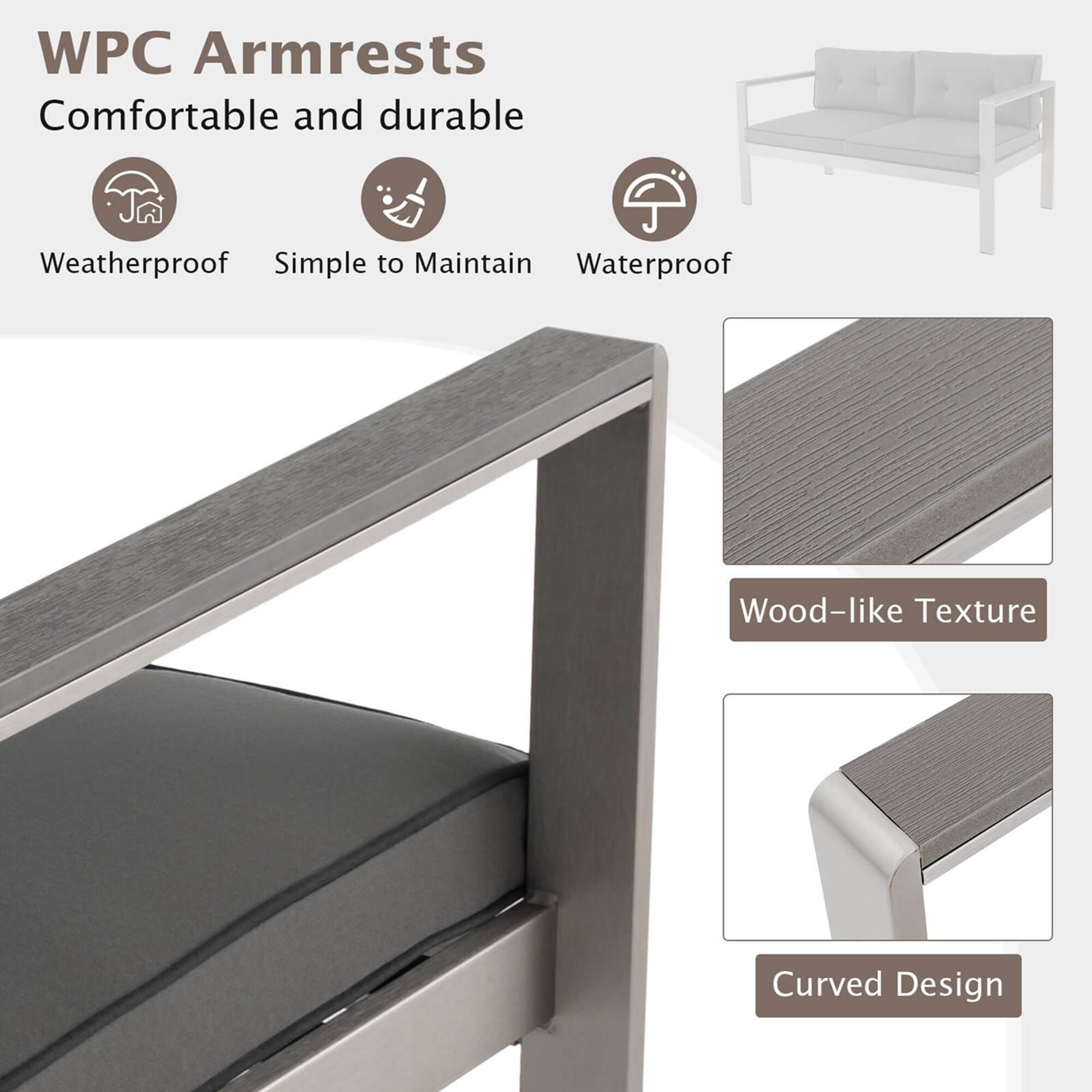 WPC Armrests  
Comfortable and durable  

- Weatherproof  
- Simple to Maintain  
- Waterproof  

- Wood-like Texture  
- Curved Design