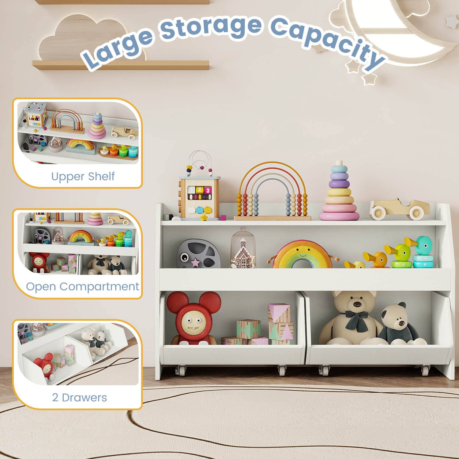 - Large Storage Capacity
- Upper Shelf
- Open Compartment
- 2 Drawers