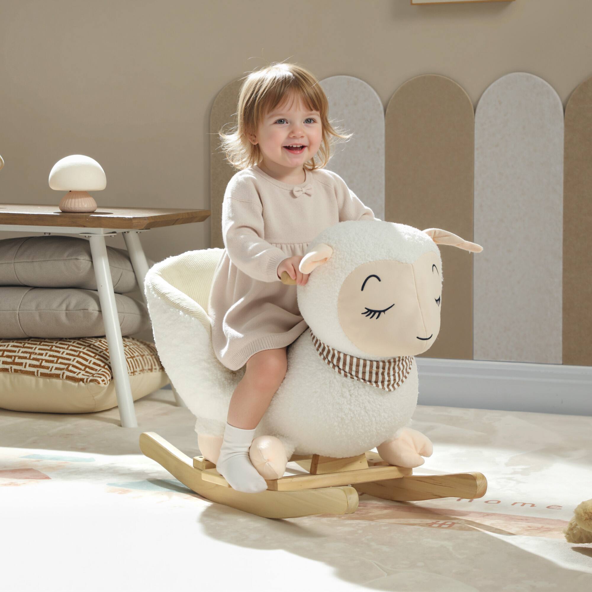 Angle. Qaba - Sheep Baby Rocking Horse, Plush Stuffed Animal Rocker with Lullaby Song, Safety Belt, Kids Ride on Rocker.