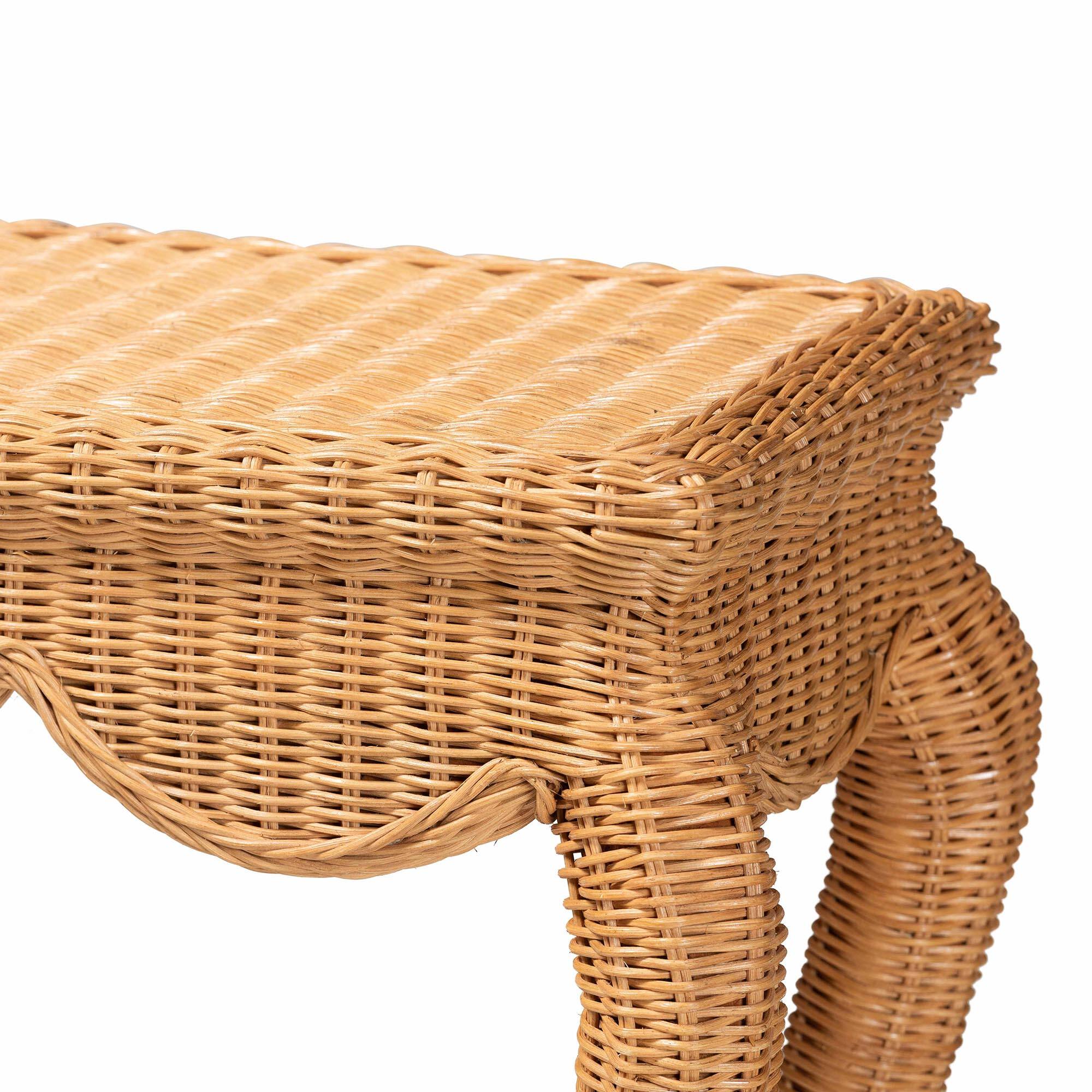 Back. bali & pari - Deborah Natural Rattan Console Table - Handwoven Wicker Accent Table with Cabriole Legs, Scalloped Coastal Cottage - Light Honey.