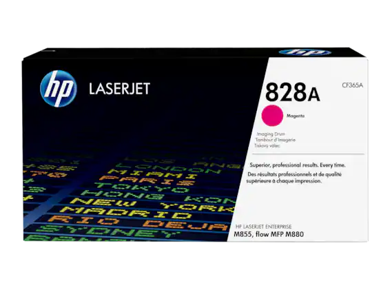 Sure, here is the corrected and grouped text from the image:
---
**HP LASERJET**
**828A**
CF365A
Magenta
Imaging Drum
Tambour d’Imagerie
Tiskový válec
Superior, professional results. Every time.
Des résultats professionnels et de qualité supérieure à chaque impression.
HP LASERJET ENTERPRISE
M855, flow MFP M880
---
This text is organized to reflect the product information and specifications as shown on the packaging.