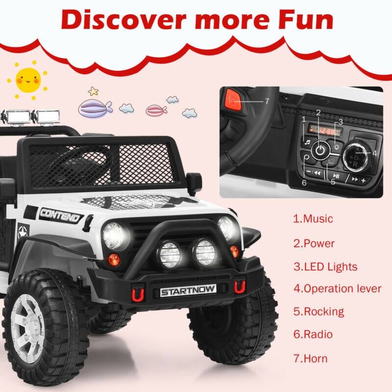 Discover more Fun

1. Music
2. Power
3. LED Lights
4. Operation lever
5. Rocking
6. Radio
7. Horn