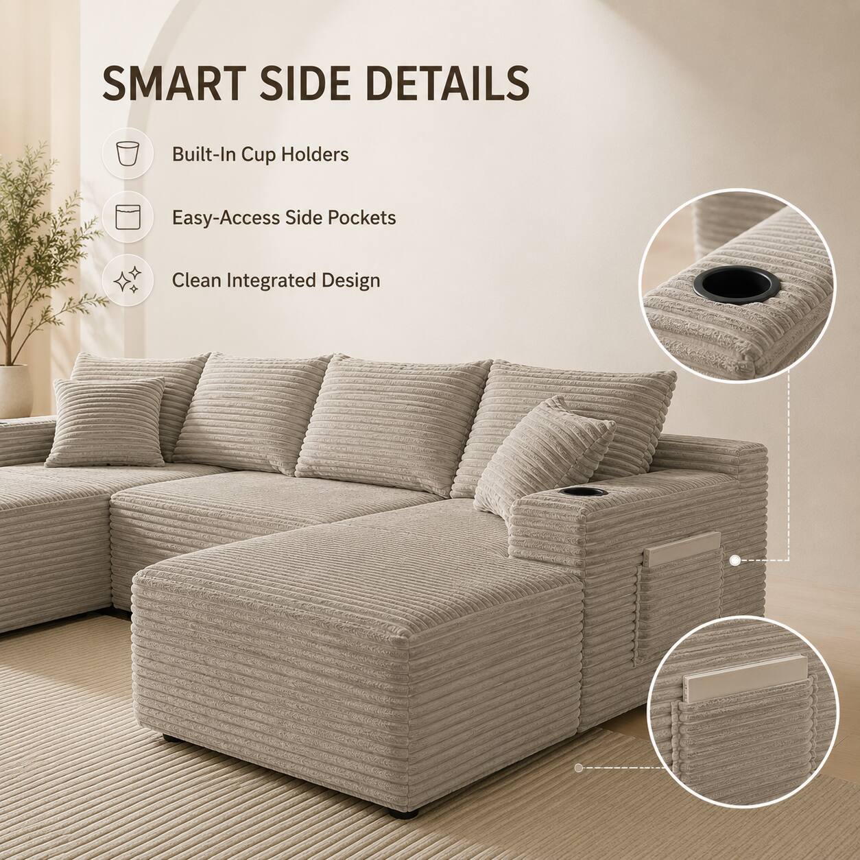 SMART SIDE DETAILS

- Built-In Cup Holders
- Easy-Access Side Pockets
- Clean Integrated Design