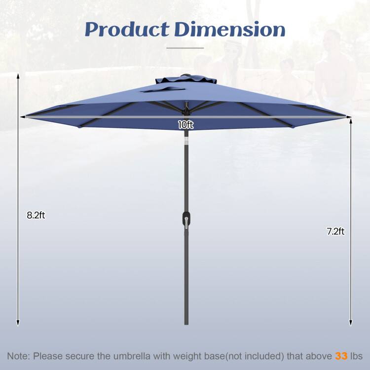 Product Dimension

10ft 8.2ft 7.2ft

Note: Please secure the umbrella with weight base (not included) that above 33 lbs