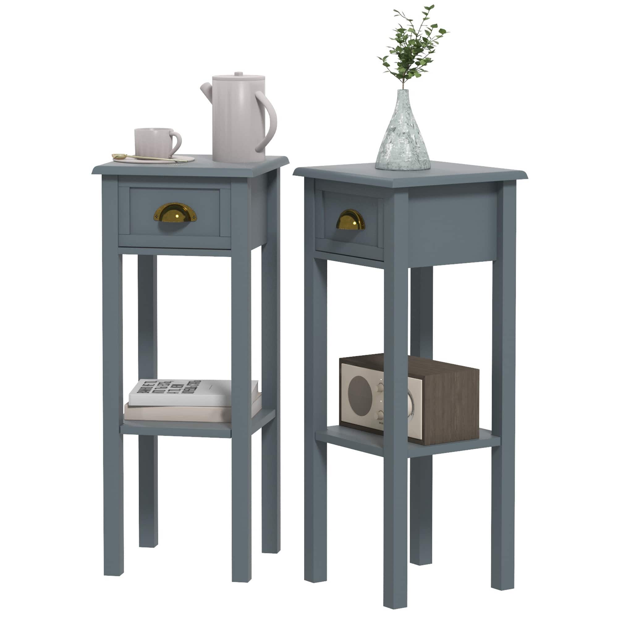 Homcom - Side Tables Set of 2 with Drawer and Shelf - Gray