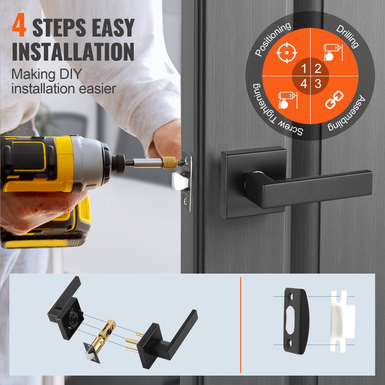 4 STEPS EASY INSTALLATION  
Making DIY installation easier  

1. Positioning  
2. Drilling  
3. Tightening Screw  
4. Assembling