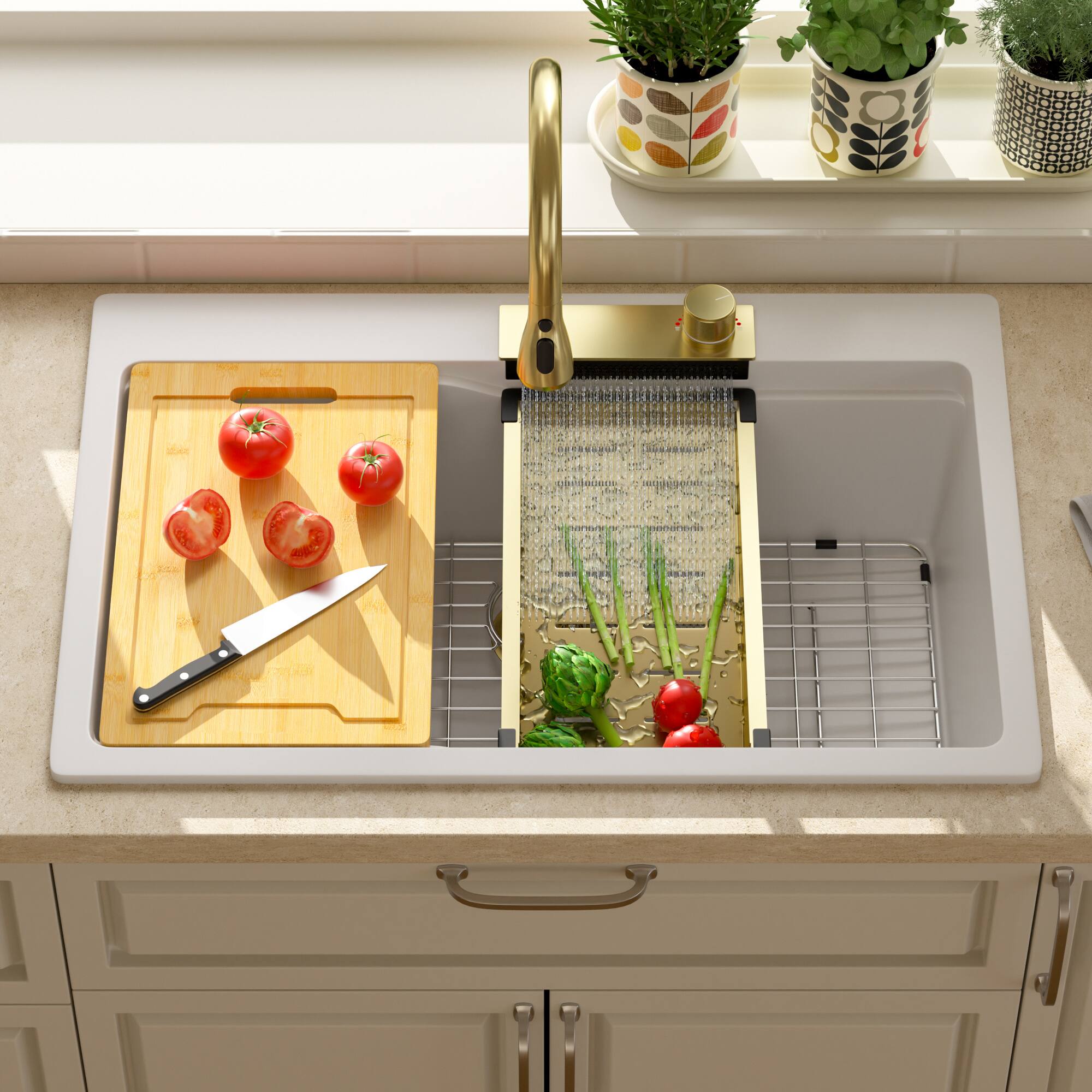 Left. Lordear - 33x22x10 Inch White Granite Composite Waterfall kitchen Sink Drop In Single Bowl Quartz Workstation Kitchen Sink - White.