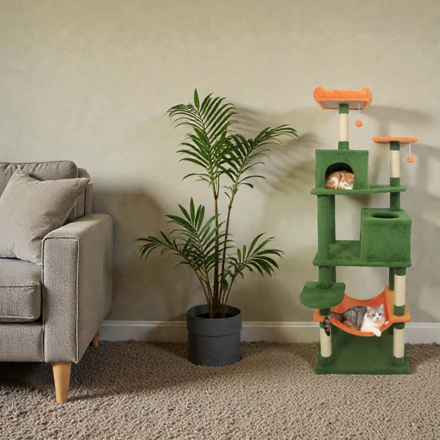 BreeBe - Multi-Tier Cat Tree Featuring Two Cat Condos and Padded Perch - Green