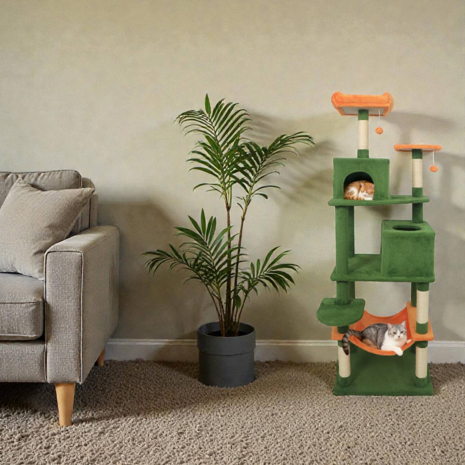 Front. BreeBe - Multi-Tier Cat Tree Featuring Two Cat Condos and Padded Perch - Green.