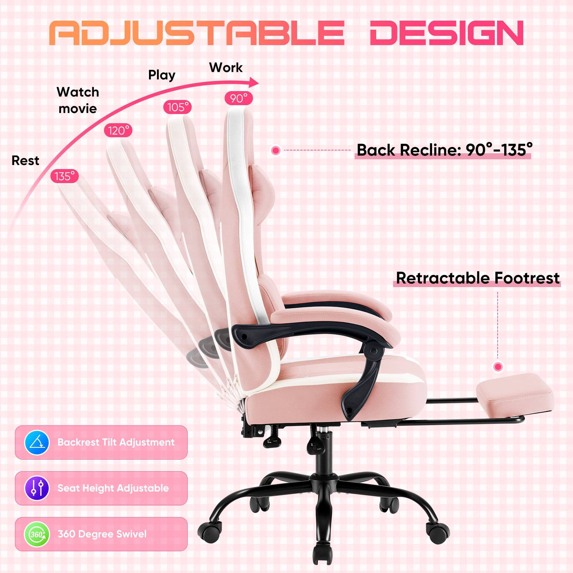 ADJUSTABLE DESIGN

- Work: 90°
- Play: 105°
- Watch movie: 120°
- Rest: 135°

Back Recline: 90°-135°

- Retractable Footrest
- Backrest Tilt Adjustment
- Seat Height Adjustable
- 360 Degree Swivel