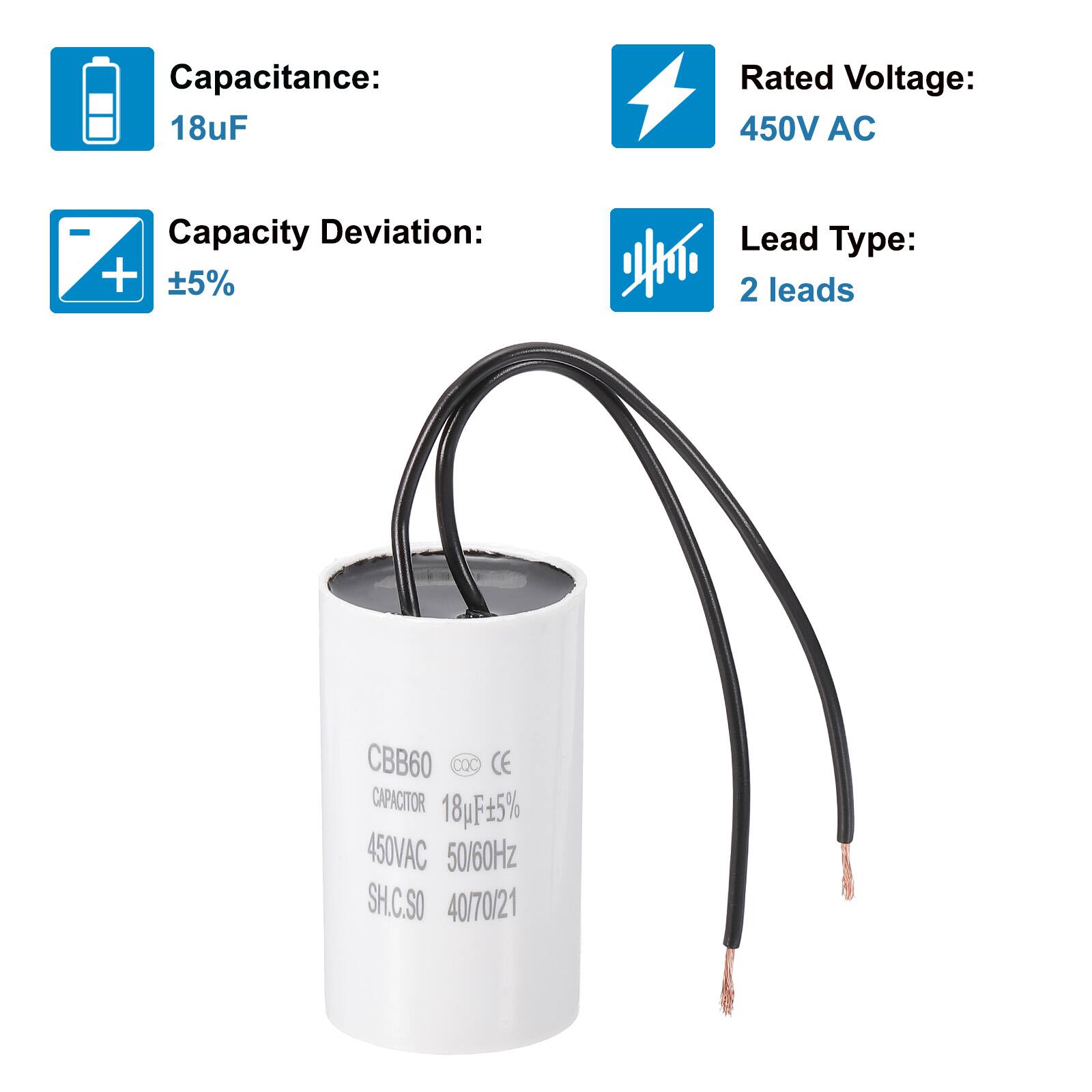 Capacitance: 18uF  
Rated Voltage: 450V AC  
Capacity Deviation: ±5%  
Lead Type: 2 leads  

CBB60  
CAPACITOR 18uF ±5%  
450VAC 50/60Hz  
SH.C.SO 40/70/21