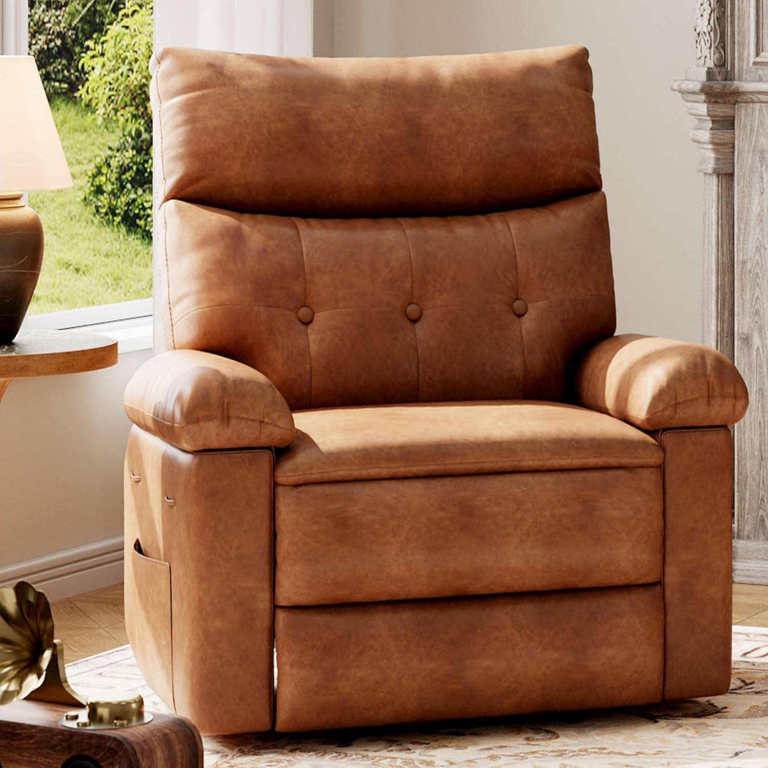 Front. Acekool - Oversized PU Leather Recliner Chair - Extra Plush 1.5X Thick Cushion Manual Reclining Chair - Brown.