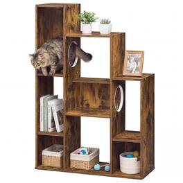 Gymax - Modern Cat Bookshelf w/ 2 Round Holes Anti-Tipping Device for Living Room Rustic - Brown